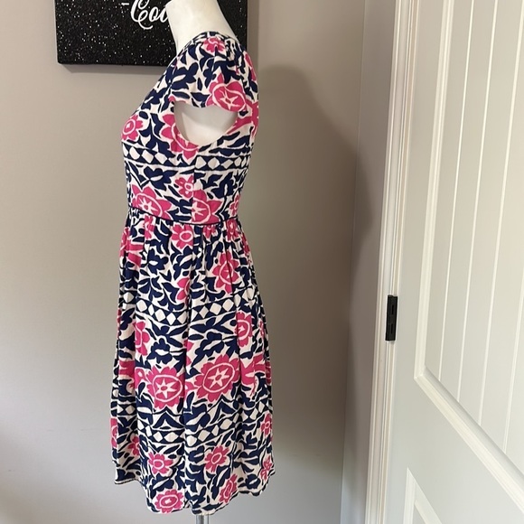 Anthropologie Maeve Peralta pink and blue bird patterned midi Dress Sz 2 - Picture 4 of 11